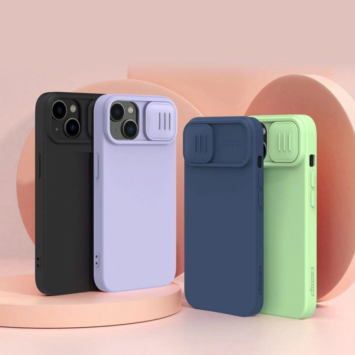 Nillkin CamShield Silky Silicone Case iPhone 14 Plus dėklas su fotoaparato dangteliu violetiniu