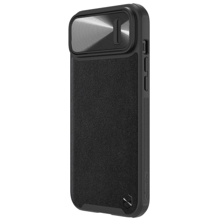 Nillkin CamShield Leather S Case iPhone 14 Plus dangtelis su fotoaparato dangteliu juodas