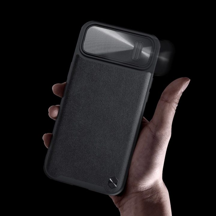 Nillkin CamShield Leather S Case iPhone 14 Plus dangtelis su fotoaparato dangteliu juodas