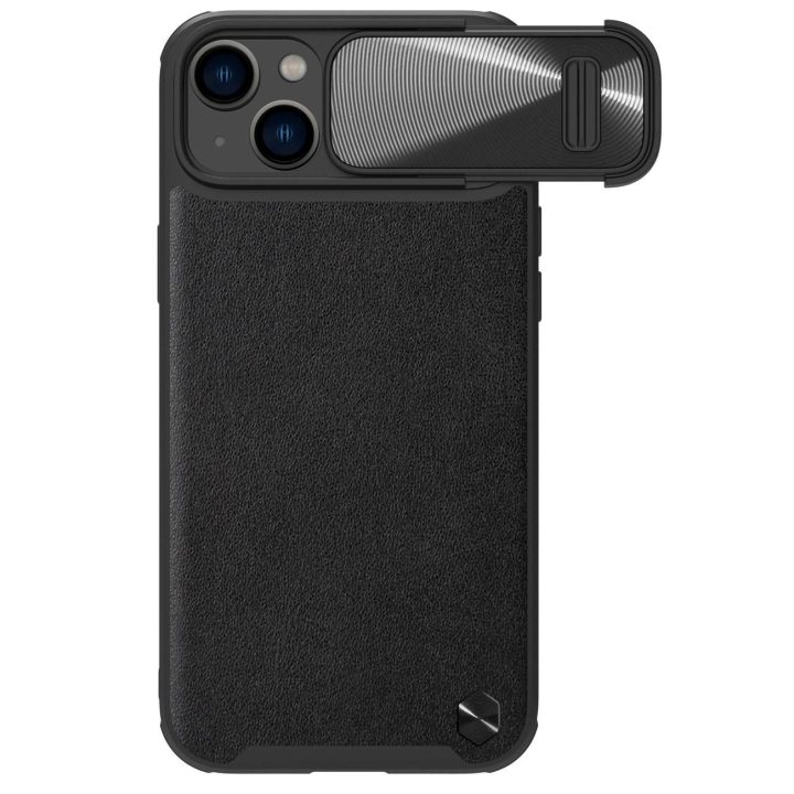 Nillkin CamShield Leather S Case iPhone 14 Plus dangtelis su fotoaparato dangteliu juodas