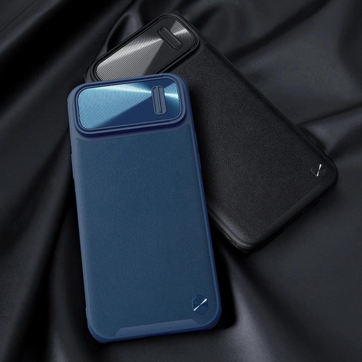 Nillkin CamShield Leather S Case iPhone 14 Plus dangtelis su fotoaparato dangteliu juodas