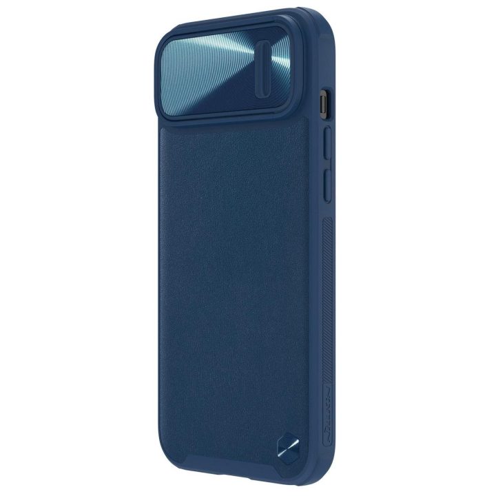 Nillkin CamShield Leather S Case iPhone 14 Plus dangtelis su mėlynu fotoaparato dangteliu