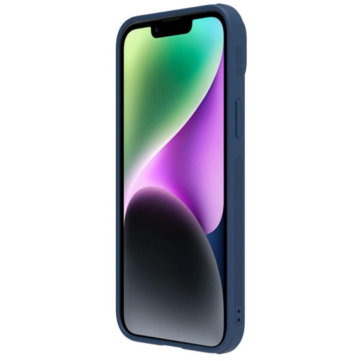 Nillkin CamShield Leather S Case iPhone 14 Plus dangtelis su mėlynu fotoaparato dangteliu