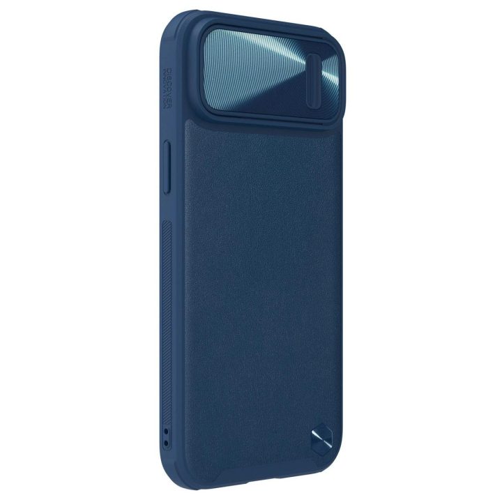 Nillkin CamShield Leather S Case iPhone 14 Plus dangtelis su mėlynu fotoaparato dangteliu