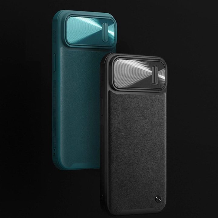 Nillkin CamShield Leather S Case iPhone 14 Plus dangtelis su mėlynu fotoaparato dangteliu