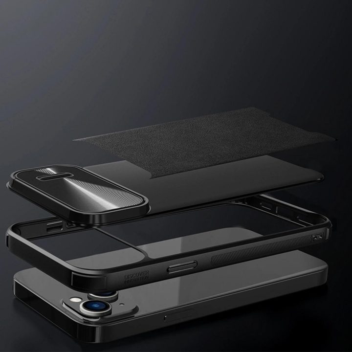 Nillkin CamShield Leather S Case iPhone 14 Plus dangtelis su mėlynu fotoaparato dangteliu