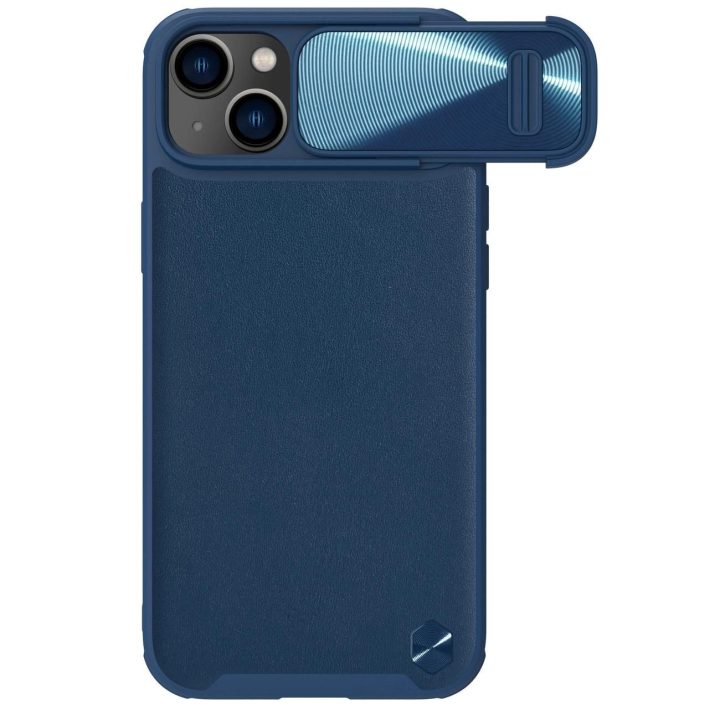 Nillkin CamShield Leather S Case iPhone 14 Plus dangtelis su mėlynu fotoaparato dangteliu