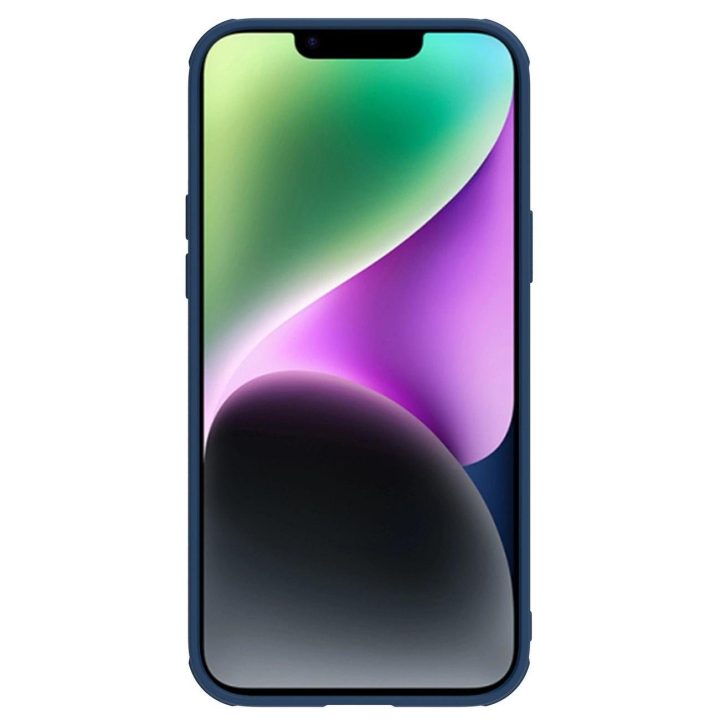 Nillkin CamShield Leather S Case iPhone 14 Plus dangtelis su mėlynu fotoaparato dangteliu