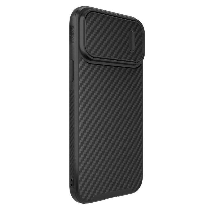 Nillkin Synthetic Fiber S Case iPhone 14 Pro su juodu fotoaparato dangteliu