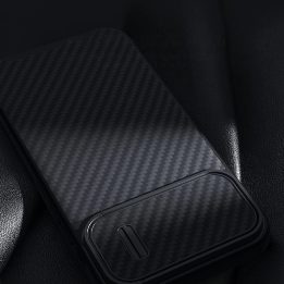 Nillkin Synthetic Fiber S Case iPhone 14 Plus su juodu fotoaparato dangteliu