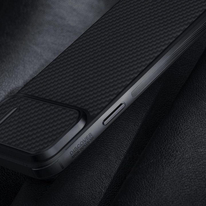 Nillkin Synthetic Fiber S Case iPhone 14 Plus su juodu fotoaparato dangteliu