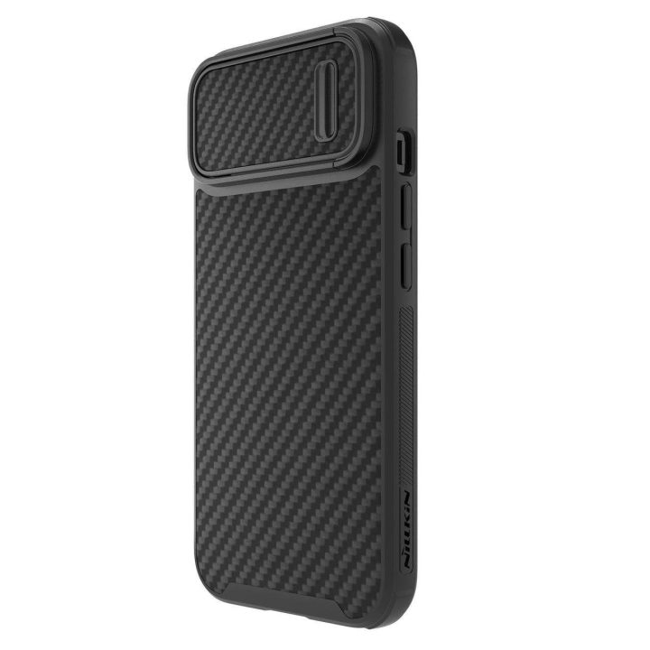 Nillkin Synthetic Fiber S Case iPhone 14 Plus su juodu fotoaparato dangteliu