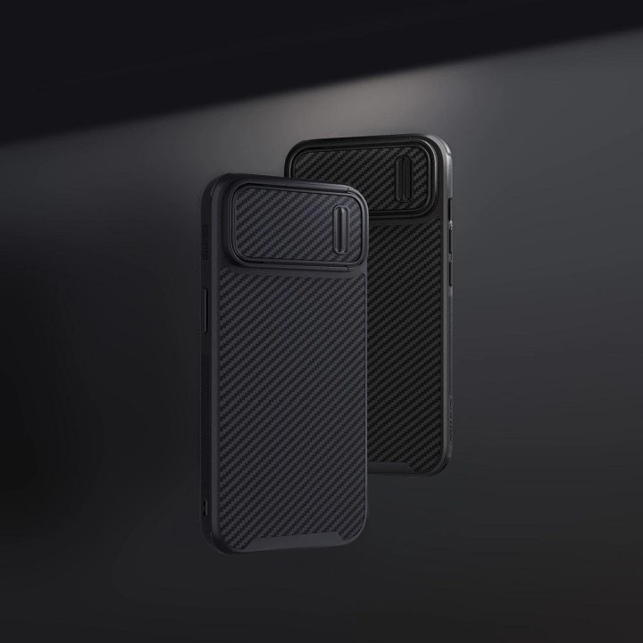 Nillkin Synthetic Fiber S Case iPhone 14 Plus su juodu fotoaparato dangteliu