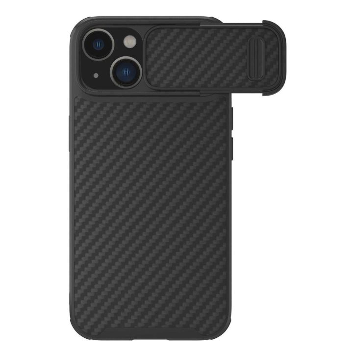 Nillkin Synthetic Fiber S Case iPhone 14 Plus su juodu fotoaparato dangteliu