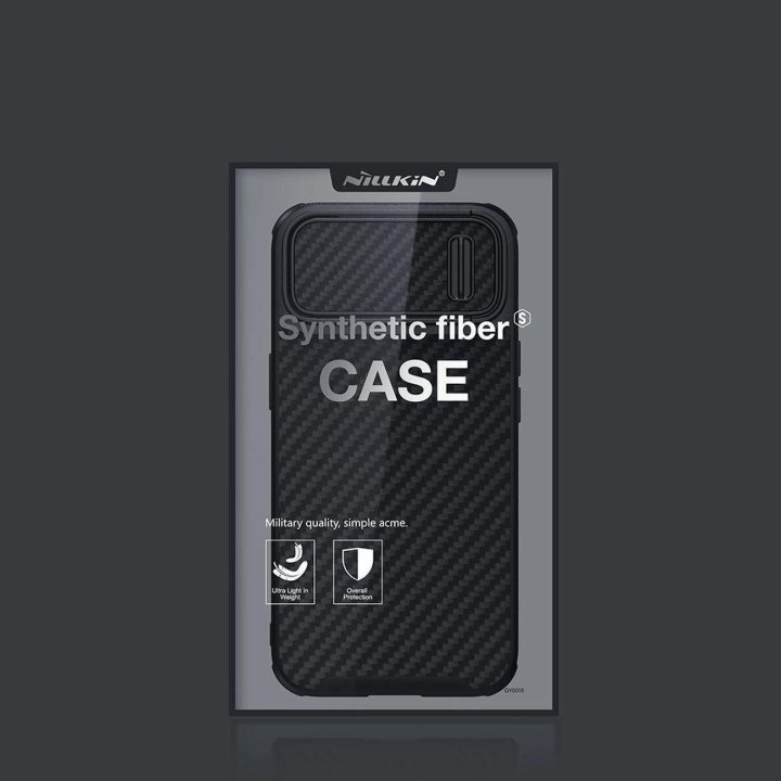 Nillkin Synthetic Fiber S Case iPhone 14 Plus su juodu fotoaparato dangteliu
