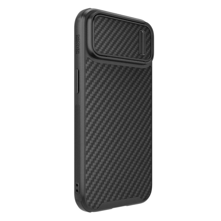 Nillkin Synthetic Fiber S Case iPhone 14 Plus su juodu fotoaparato dangteliu