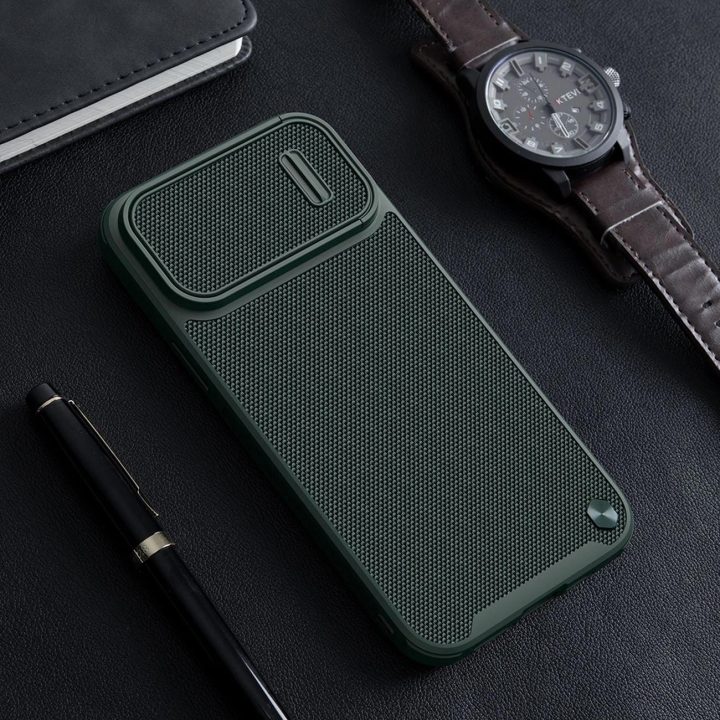 Nillkin Textured S Case iPhone 14 šarvuotu dėklu su fotoaparato dangteliu juodu
