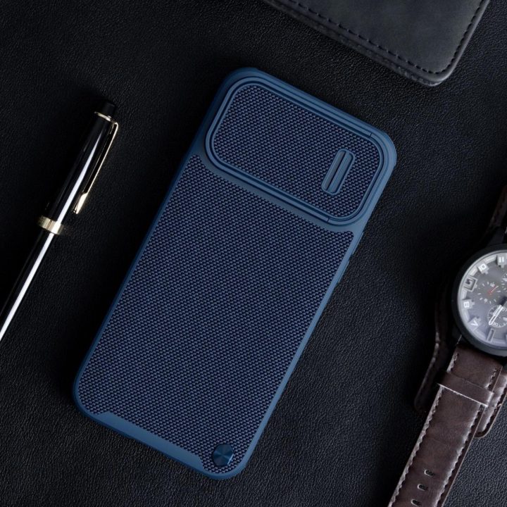 Nillkin Textured S Case iPhone 14 šarvuotu dėklu su fotoaparato dangteliu juodu