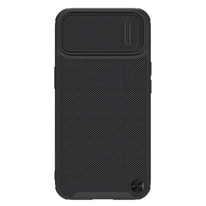 Nillkin Textured S Case iPhone 14 šarvuotu dėklu su fotoaparato dangteliu juodu
