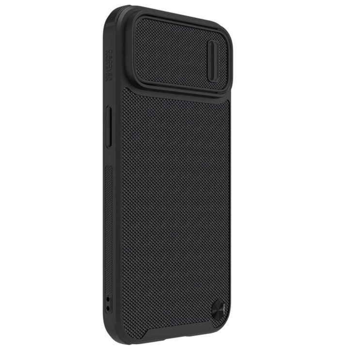 Nillkin Textured S Case iPhone 14 šarvuotu dėklu su fotoaparato dangteliu juodu