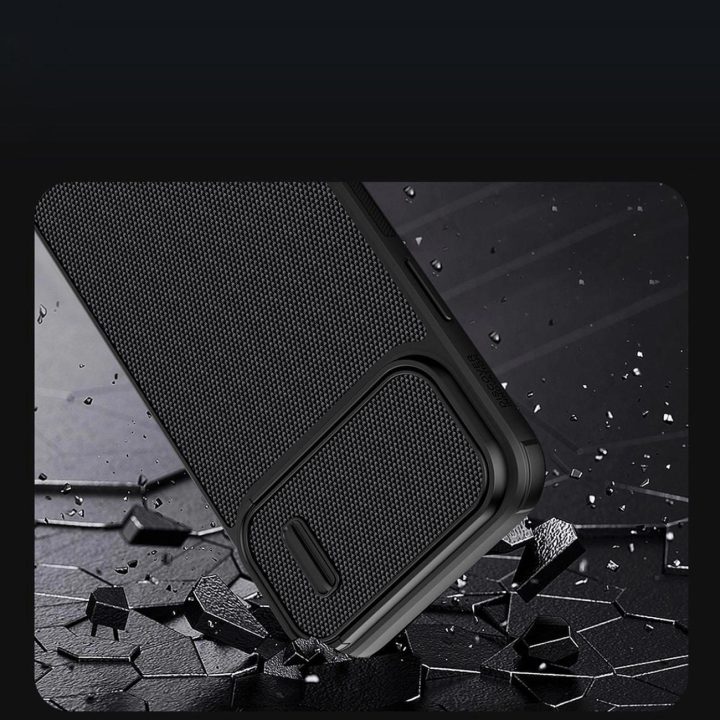 Nillkin Textured S Case iPhone 14 šarvuotu dėklu su fotoaparato dangteliu juodu