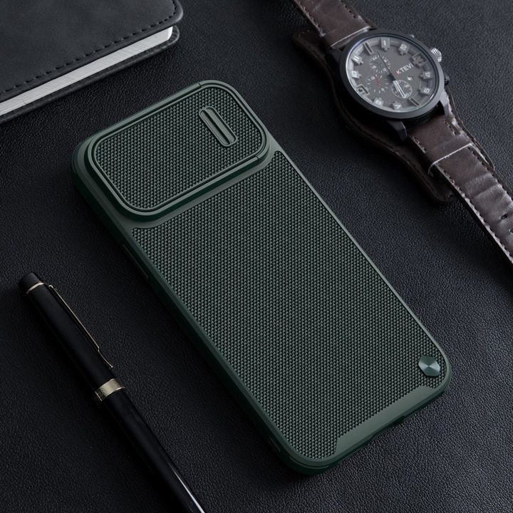 Nillkin Textured S Case iPhone 14 šarvuotas dėklas su mėlynu fotoaparato dangteliu
