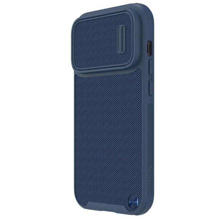Nillkin Textured S Case iPhone 14 Pro šarvuotas dėklas su mėlynos spalvos fotoaparato dangteliu