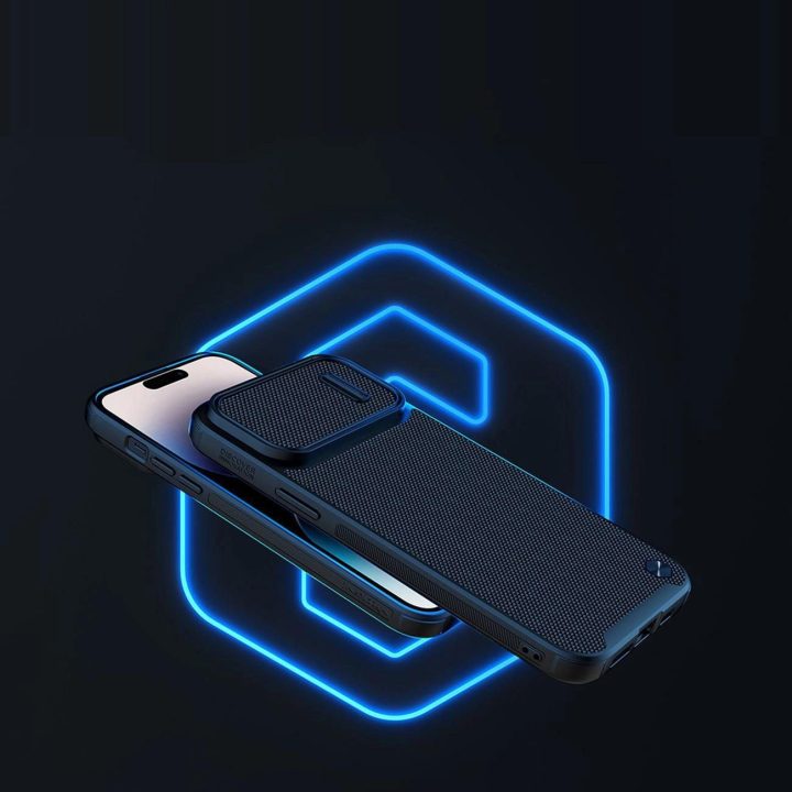 Nillkin Textured S Case iPhone 14 Pro šarvuotas dėklas su mėlynos spalvos fotoaparato dangteliu