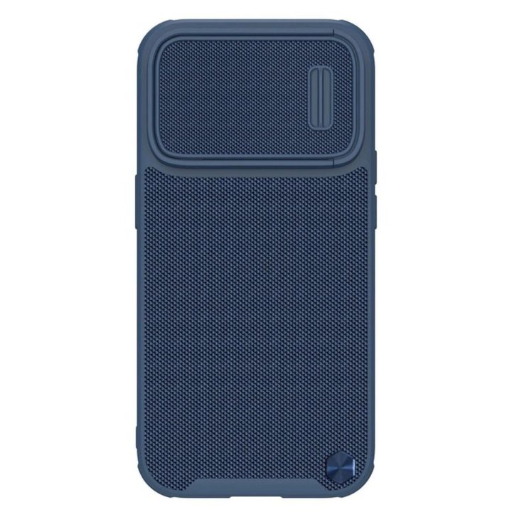 Nillkin Textured S Case iPhone 14 Pro šarvuotas dėklas su mėlynos spalvos fotoaparato dangteliu