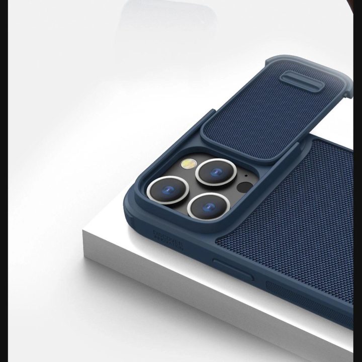 Nillkin Textured S Case iPhone 14 Pro šarvuotas dėklas su mėlynos spalvos fotoaparato dangteliu