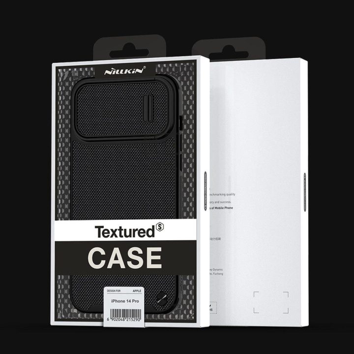 Nillkin Textured S Case iPhone 14 Pro šarvuotas dėklas su mėlynos spalvos fotoaparato dangteliu