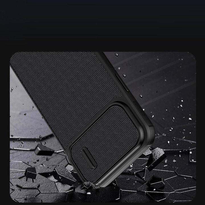 Nillkin Textured S Case iPhone 14 Pro šarvuotas dėklas su mėlynos spalvos fotoaparato dangteliu