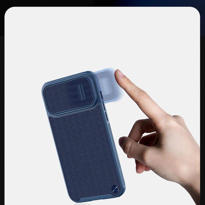 Nillkin Textured S Case iPhone 14 Pro šarvuotas dėklas su mėlynos spalvos fotoaparato dangteliu