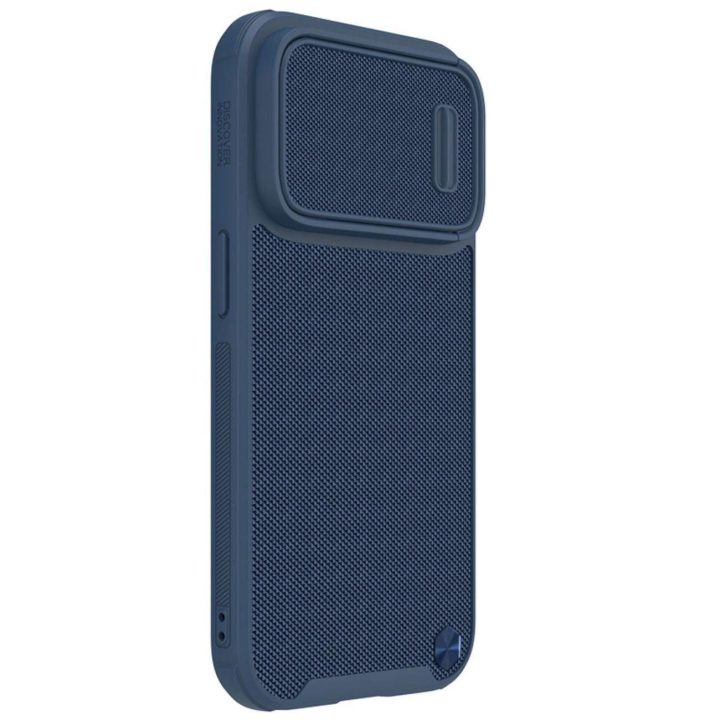 Nillkin Textured S Case iPhone 14 Pro šarvuotas dėklas su mėlynos spalvos fotoaparato dangteliu
