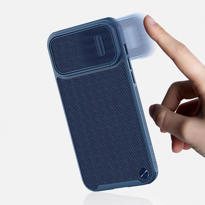Nillkin Textured S Case iPhone 14 Plus šarvuotas dėklas su mėlynos spalvos kameros dangteliu