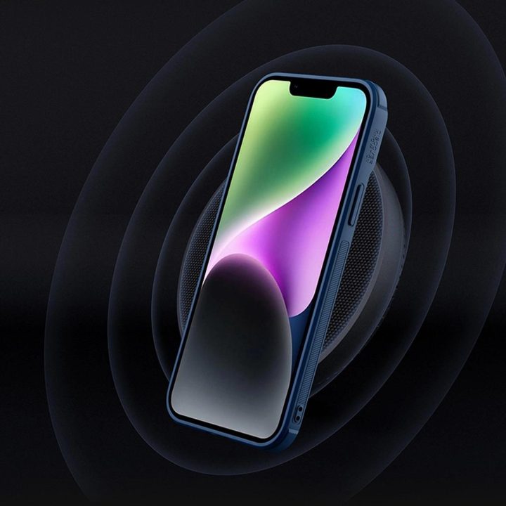 Nillkin Textured S Case iPhone 14 Plus šarvuotas dėklas su mėlynos spalvos kameros dangteliu