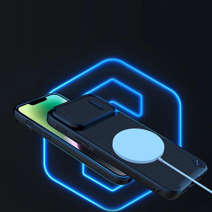 Nillkin Textured S Case iPhone 14 Plus šarvuotas dėklas su mėlynos spalvos kameros dangteliu