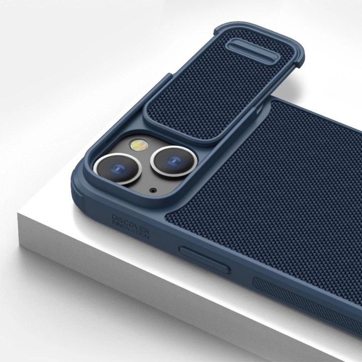 Nillkin Textured S Case iPhone 14 Plus šarvuotas dėklas su mėlynos spalvos kameros dangteliu