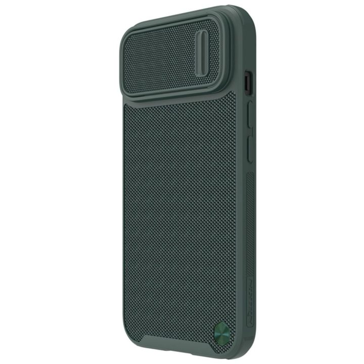 Nillkin Textured S Case iPhone 14 Plus šarvuotas dėklas su žalios spalvos fotoaparato dangteliu