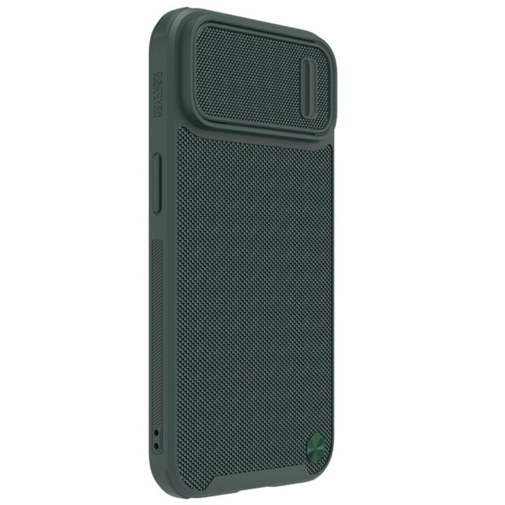 Nillkin Textured S Case iPhone 14 Plus šarvuotas dėklas su žalios spalvos fotoaparato dangteliu