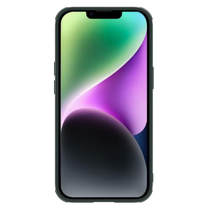 Nillkin Textured S Case iPhone 14 Plus šarvuotas dėklas su žalios spalvos fotoaparato dangteliu