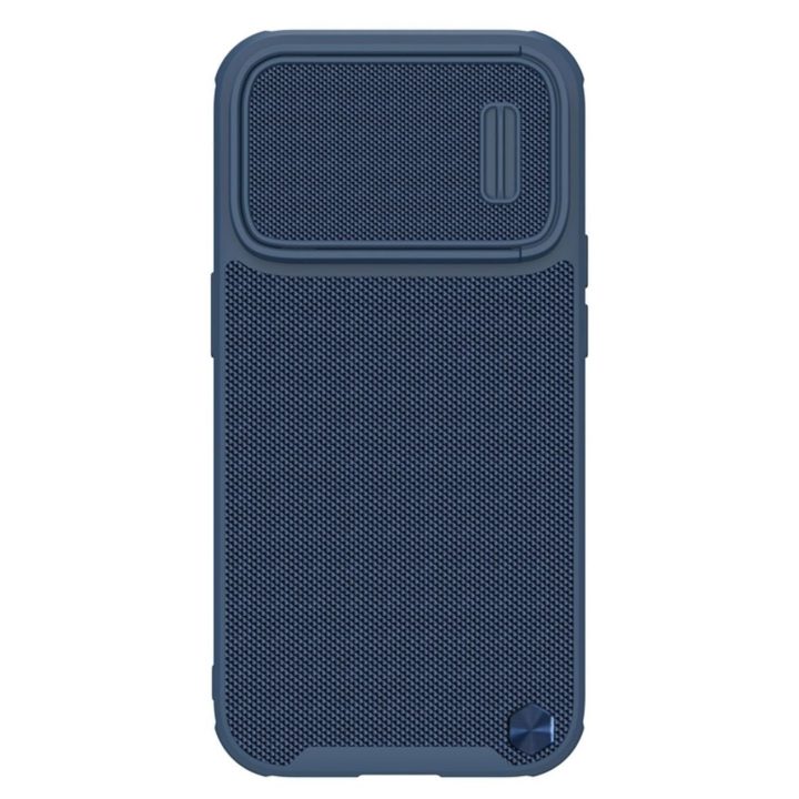 Nillkin Textured S Case iPhone 14 Pro Max šarvuotas dėklas su mėlynos spalvos kameros dangteliu