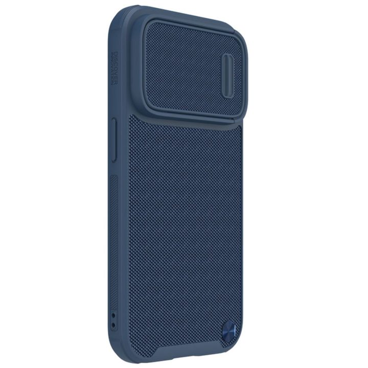 Nillkin Textured S Case iPhone 14 Pro Max šarvuotas dėklas su mėlynos spalvos kameros dangteliu