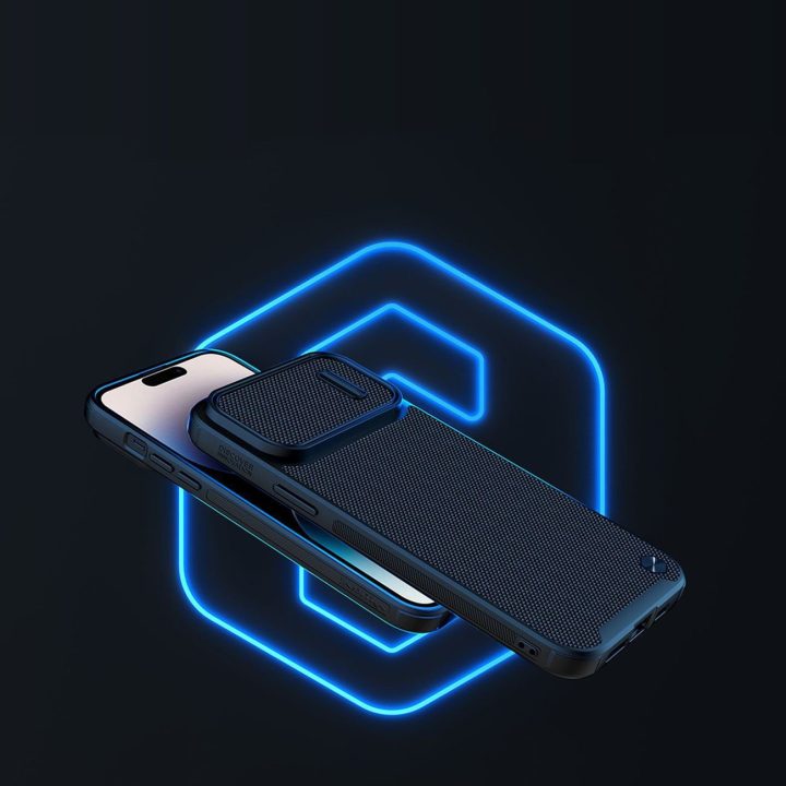 Nillkin Textured S Case iPhone 14 Pro Max šarvuotas dėklas su mėlynos spalvos kameros dangteliu
