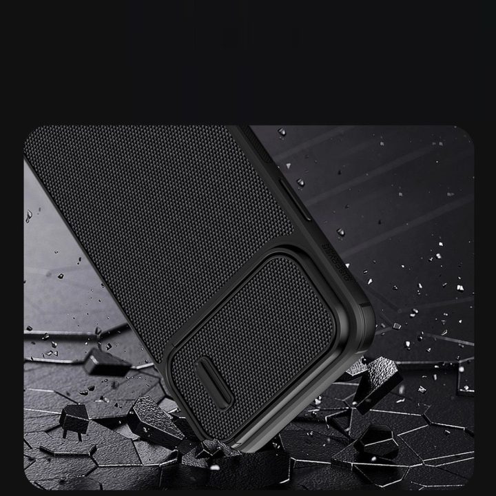 Nillkin Textured S Case iPhone 14 Pro Max šarvuotas dėklas su mėlynos spalvos kameros dangteliu