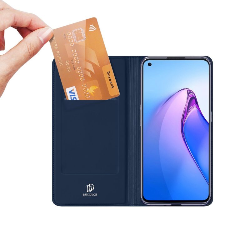 Skin Pro“ dėklas, skirtas Oppo Reno 8“ atverčiamam dangtelio kortelių piniginės stovui mėlynos spalvos