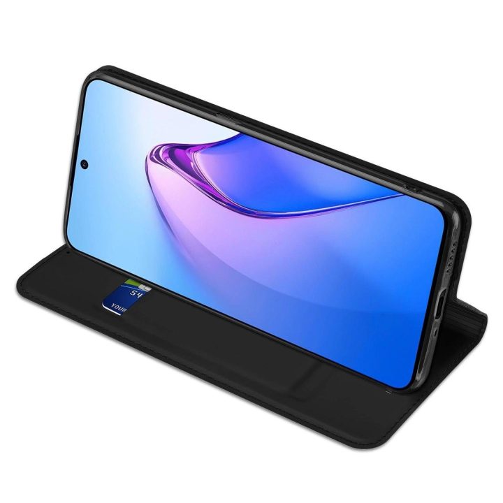 Skin Pro dėklas, skirtas Oppo Reno 8 Pro atverčiamu dangteliu kortelių piniginės stovui juodos spalvos