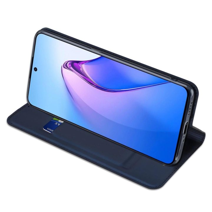 Skin Pro“ dėklas, skirtas Oppo Reno 8 Pro“ atverčiamu dangteliu kortelių piniginės stovui mėlynos spalvos