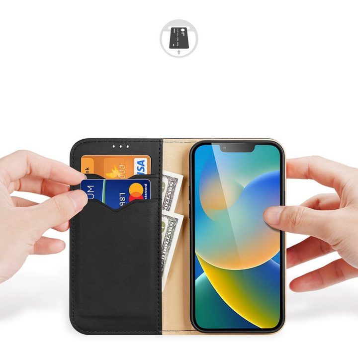 Odinis atverčiamas dangtelis Natūrali odinė piniginė kortelėms ir dokumentams iPhone 14 Plus Black