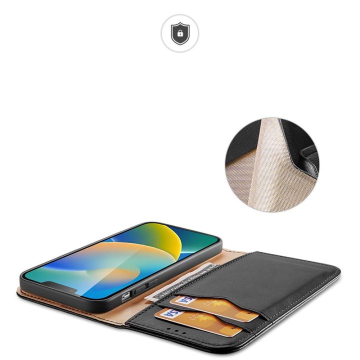 Odinis atverčiamas dangtelis Natūrali odinė piniginė kortelėms ir dokumentams iPhone 14 Plus Black